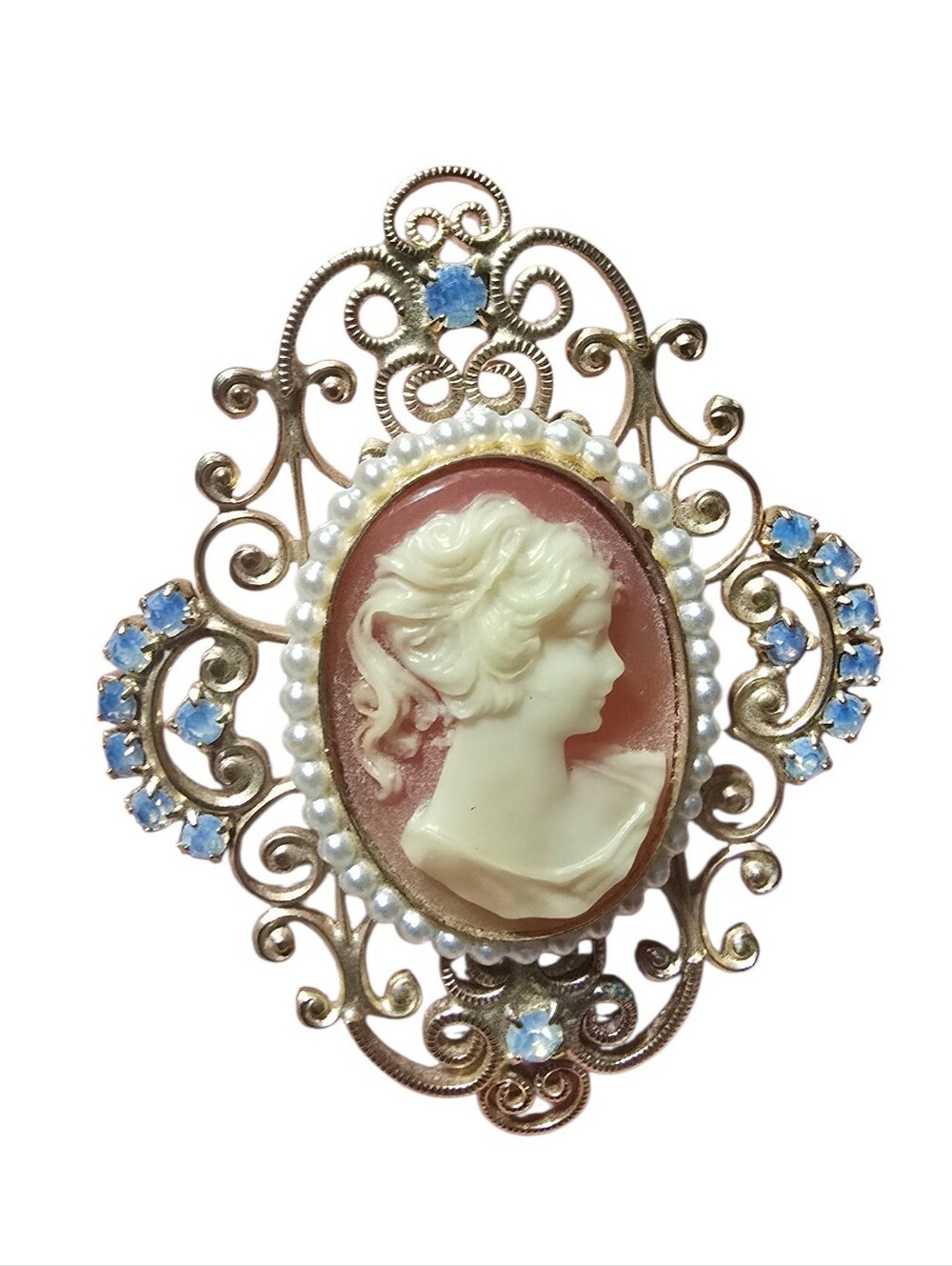 Vintage Style Cameo Brooch with Blue Accents